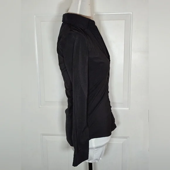 French Kiss Black Button Up Collared Top Cuffed Sleeves - Picture 6 of 8